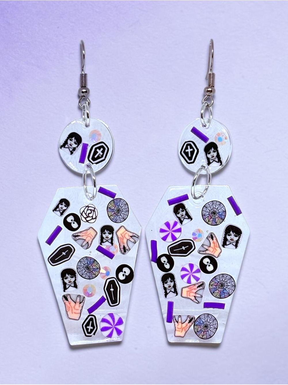 Gothic Wednesday Inspired Handmade White & Purple Coffin Dangle Earrings